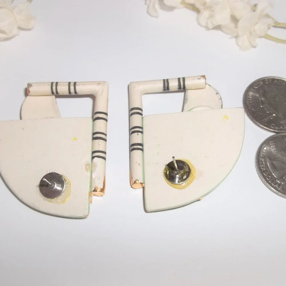 VINTAGE Earrings, Green Earrings, Porcelain Earrings, Art Deco Earring, 7691 - Picture 3 of 5